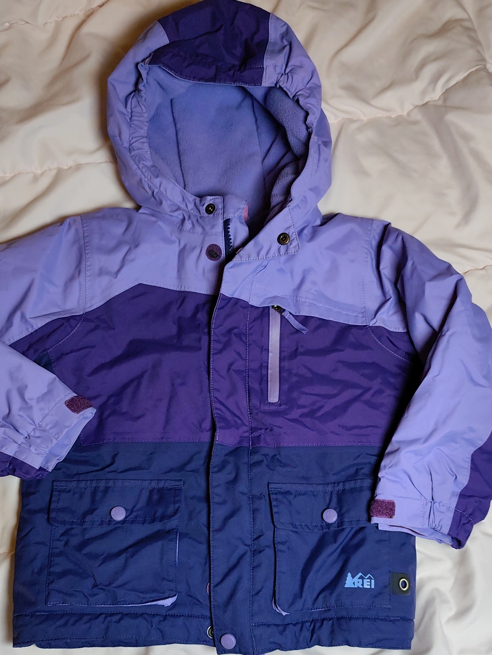 REI Girls' Lavender and Deep Purple Colorblock Hooded Raincoat